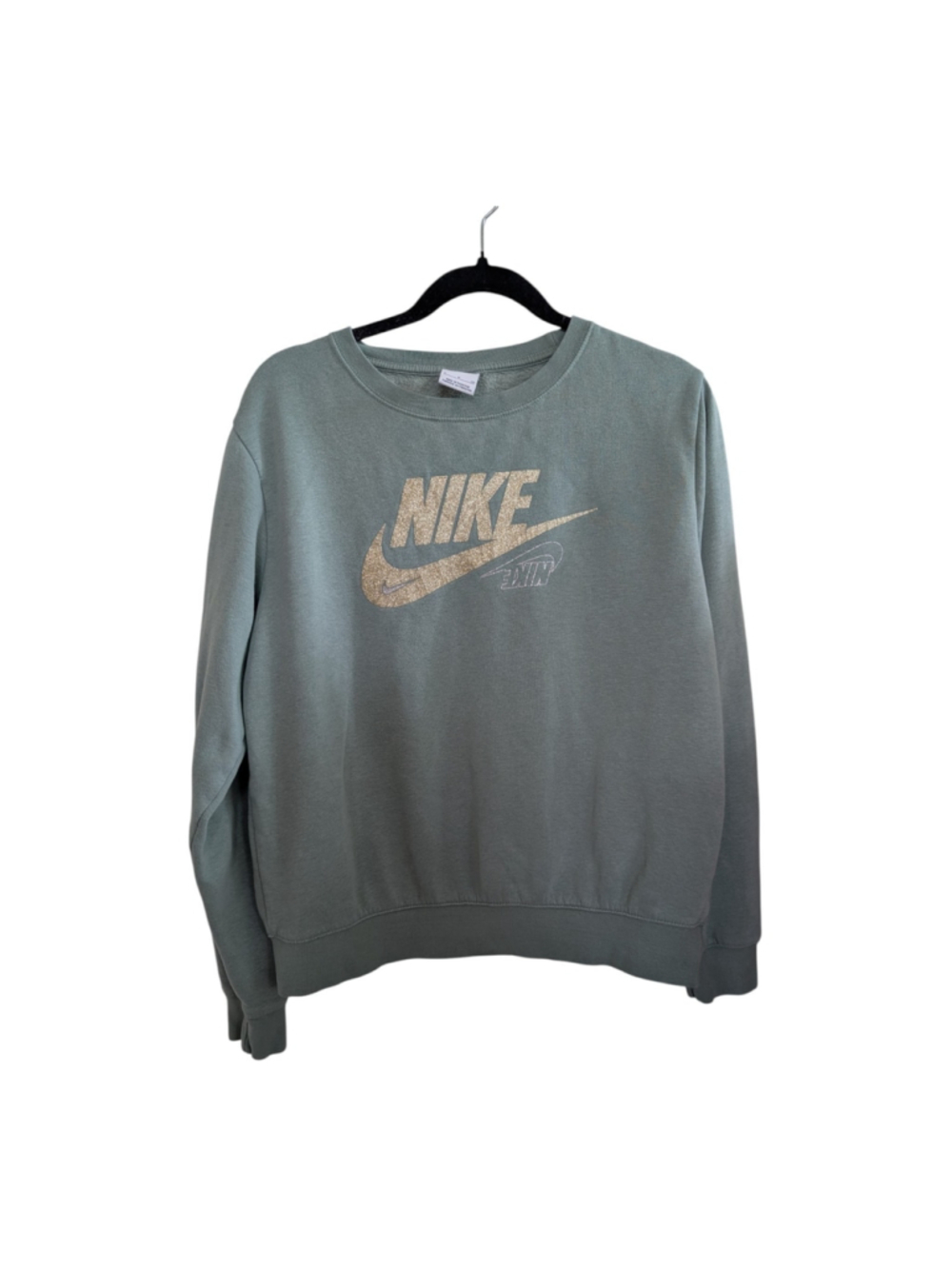 Nike Sportswear Green Womens Size S Spellout Logo Gold Glitter Fleece Sweatshirt